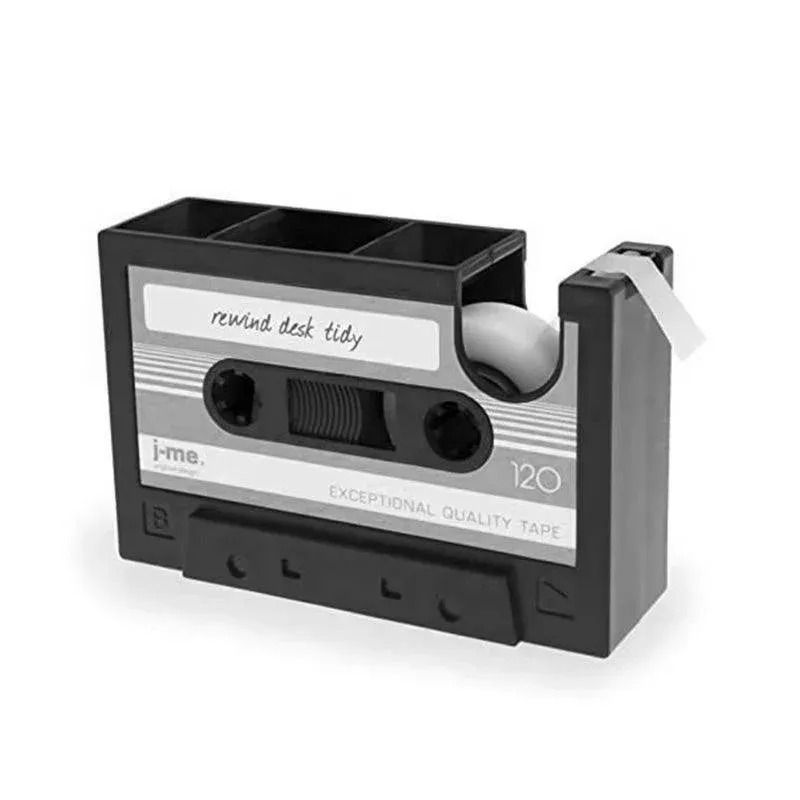 Retro Cassette Tape Style Pen Holder with Tape Dispenser Desktop Organizer - Grey
