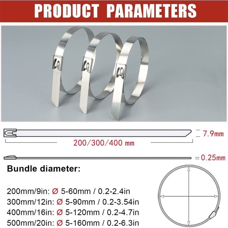 100 Pack Stainless Steel Metal Zip Ties Heavy Duty Silver 120kg Strength, 500 x 7.9mm — image 2