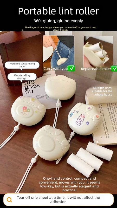 Cream Cat Paw Mini Lint Roller Portable Sticky Roller with 4 Refills — image 3