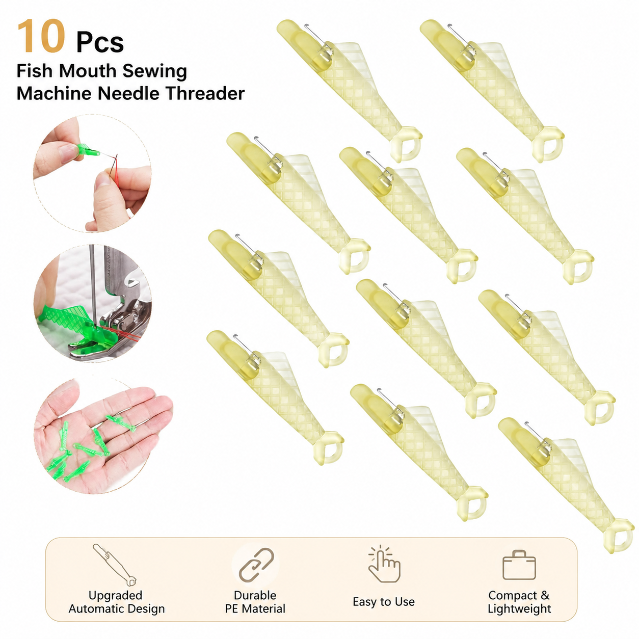 10 Pcs Fish Mouth Sewing Machine Needle Threader,Upgraded Automatic Sewing Needle Threader,Simple Needle Threader Tool(Yellow)