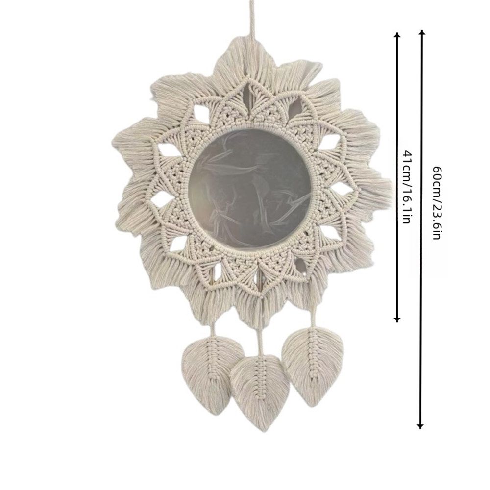 Hanging Wall Macrame Fringe Round Decorative Mirror with Beads Feather Pendant,Art Ornament for Apartment Home Bedroom Living Room — image 4