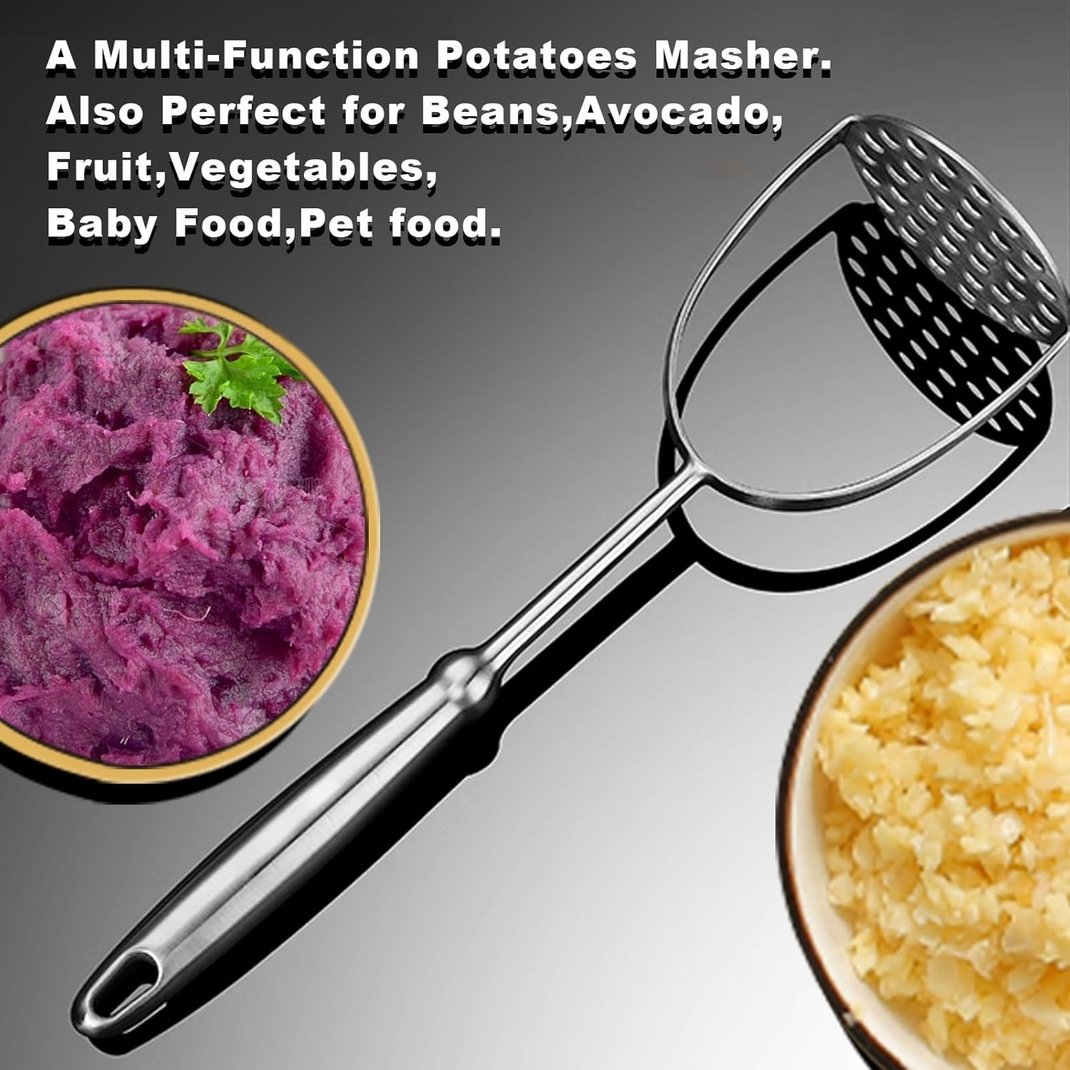 Potato Masher, Stainless Steel Mashed Potatoes Masher with Long Handle for Beans, Avocado, Fruit, Vegetables.One Piece Construction Heavy Duty Masher — image 6