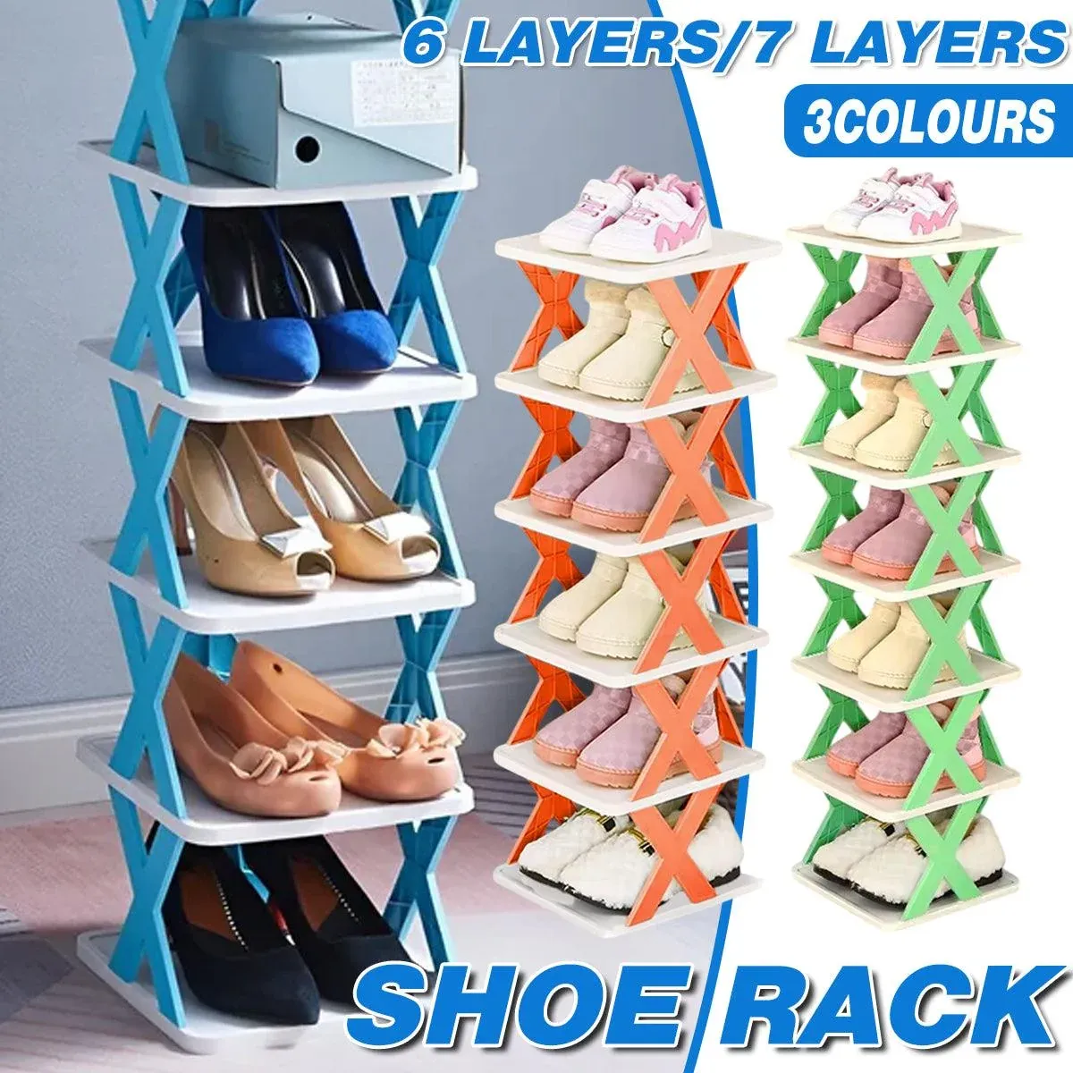 6/7 Tier Shoe Rack Space Saving Small Shoe Cabinet Storage Shelf Organizer - Blue-7 Layer โ image 2