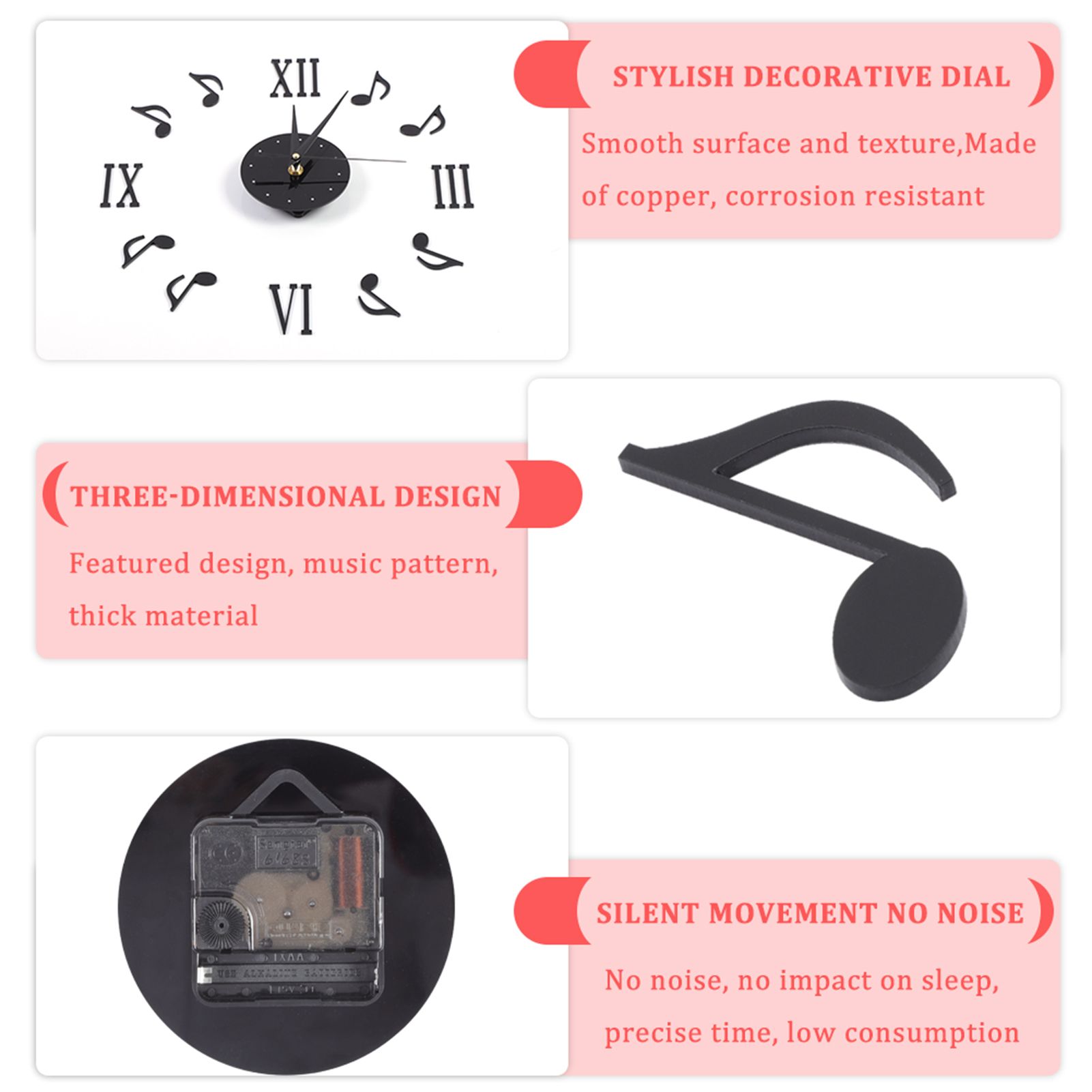 Musical Note Wall Clock with Vinyl CD Dial Plate and 3D Roman Numerals for Home Decor — image 4