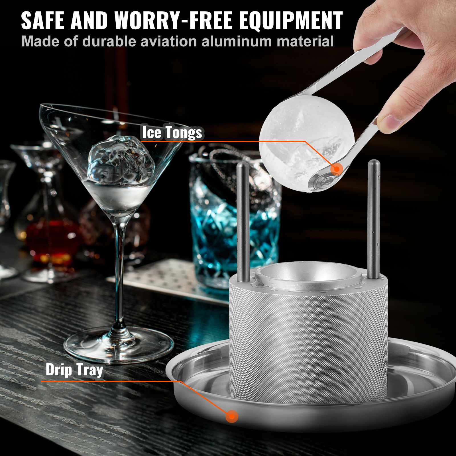 Ice Ball Press Kit, Aircraft Al Alloy Ice Press with Ice Block Mold, Large Mat, Tong, Drip Tray, One Glass, Round Ice Ball Maker 2.4"/60 mm Ice Sphere, for โ image 5