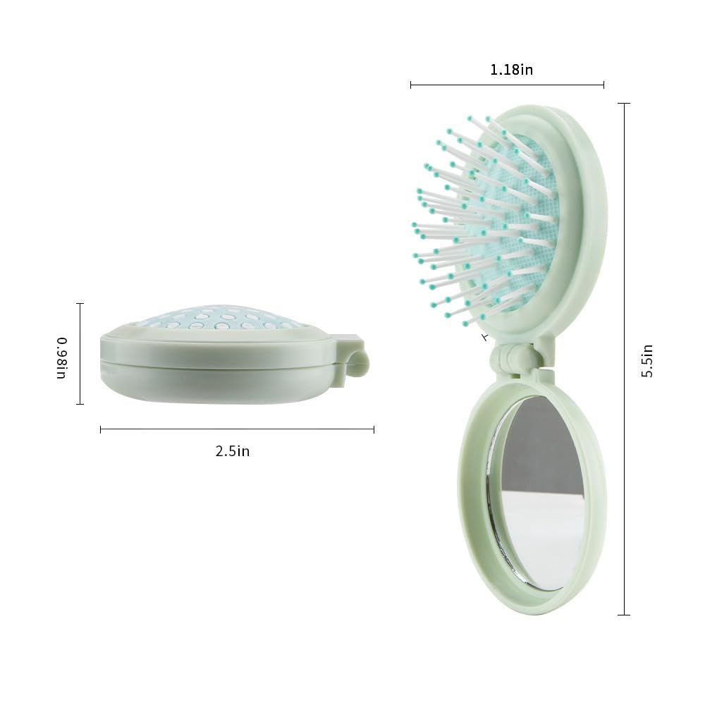 Mini Brush with Mirror - Green Travel Folding Hair Brush for Purse, Wet Brush for Women not taking up space and convenient — image 2