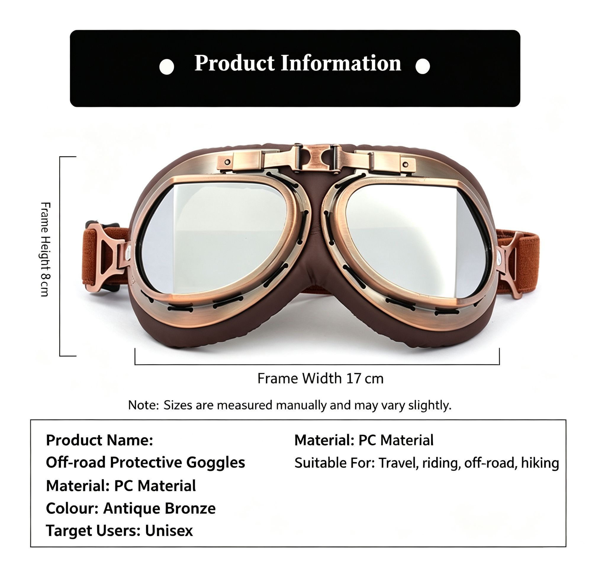 Vintage Bronze Harley Style Motorbike Helmet Goggles, Anti-Dust Wind Protective Riding Eyewear, Bronze Frame with Clear Lens, Outdoor Motocross Accessory — image 4