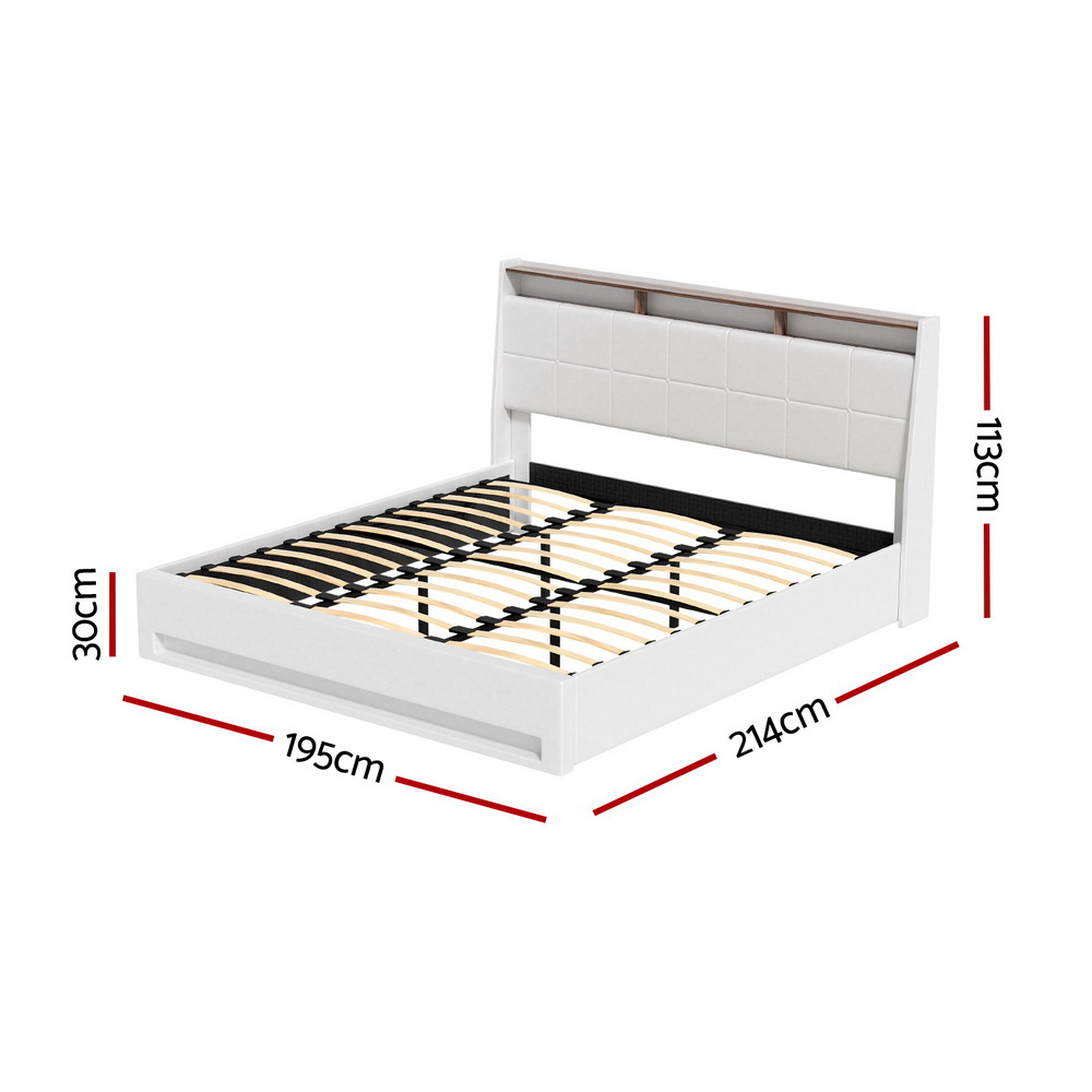 Artiss Bed Frame Gas Lift LED Beds Base Platform White PVC Leather Storage Headboard - King โ image 2