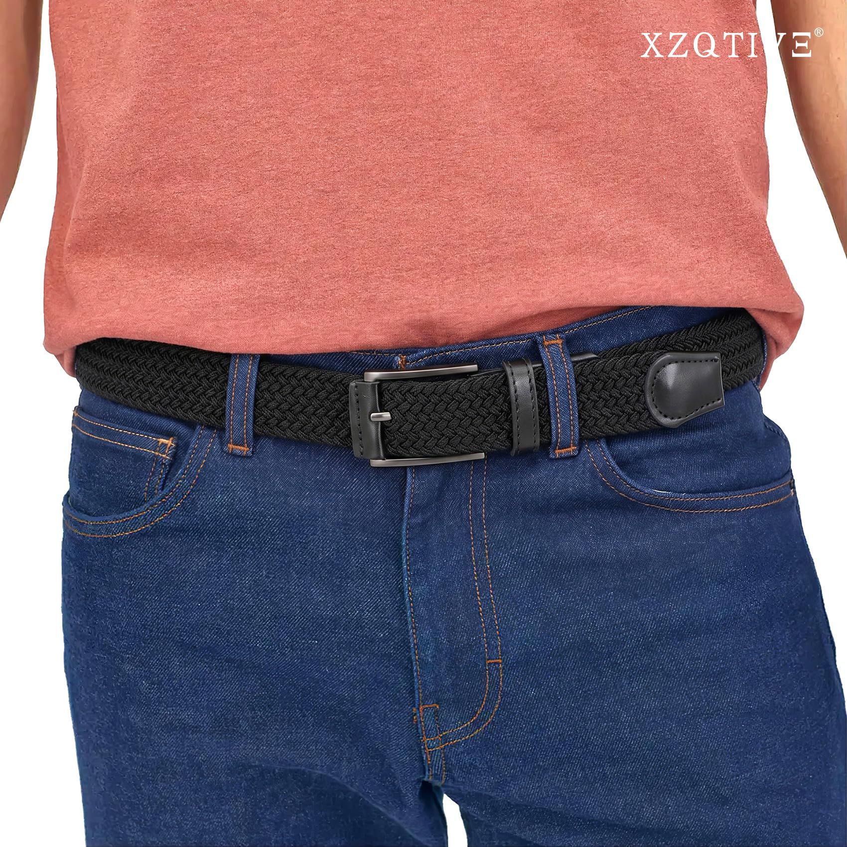 Unisex stretch black woven canvas belt with pin buckle, suitable for jeans, casual pants, shorts and casual wear โ image 6
