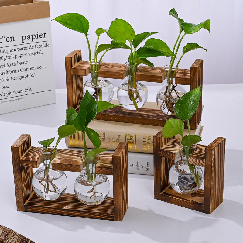 Brown Desktop Plant Propagation Station - Rustic Wooden Stand with 3 Glass Bulb Vases for Hydroponics & Cuttings — image 3