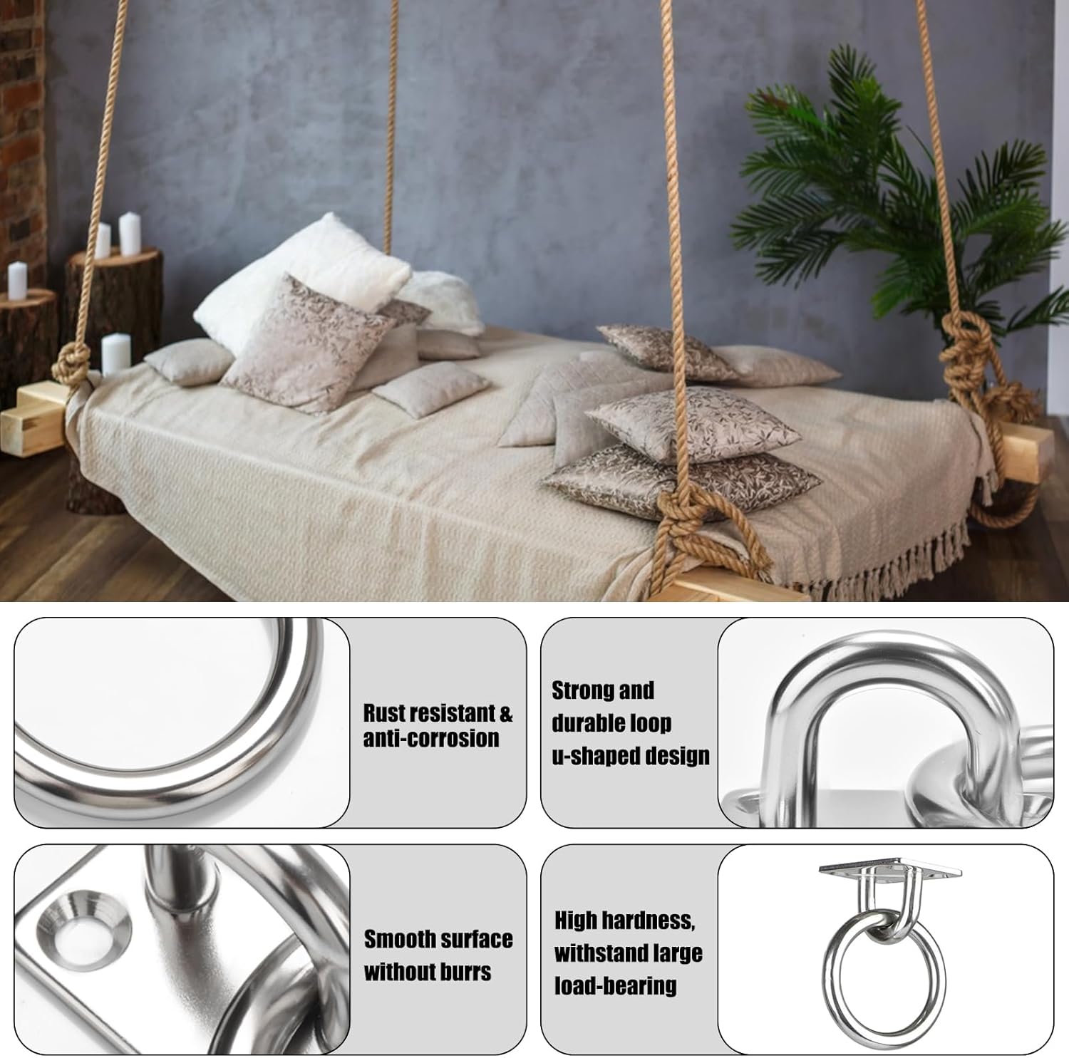 AccEncy 2Pcs M8 Stainless Steel Extra Large Heavy Duty Ring and Square Wall Mount Ceiling Indoor/Outdoor Hooks โ image 3