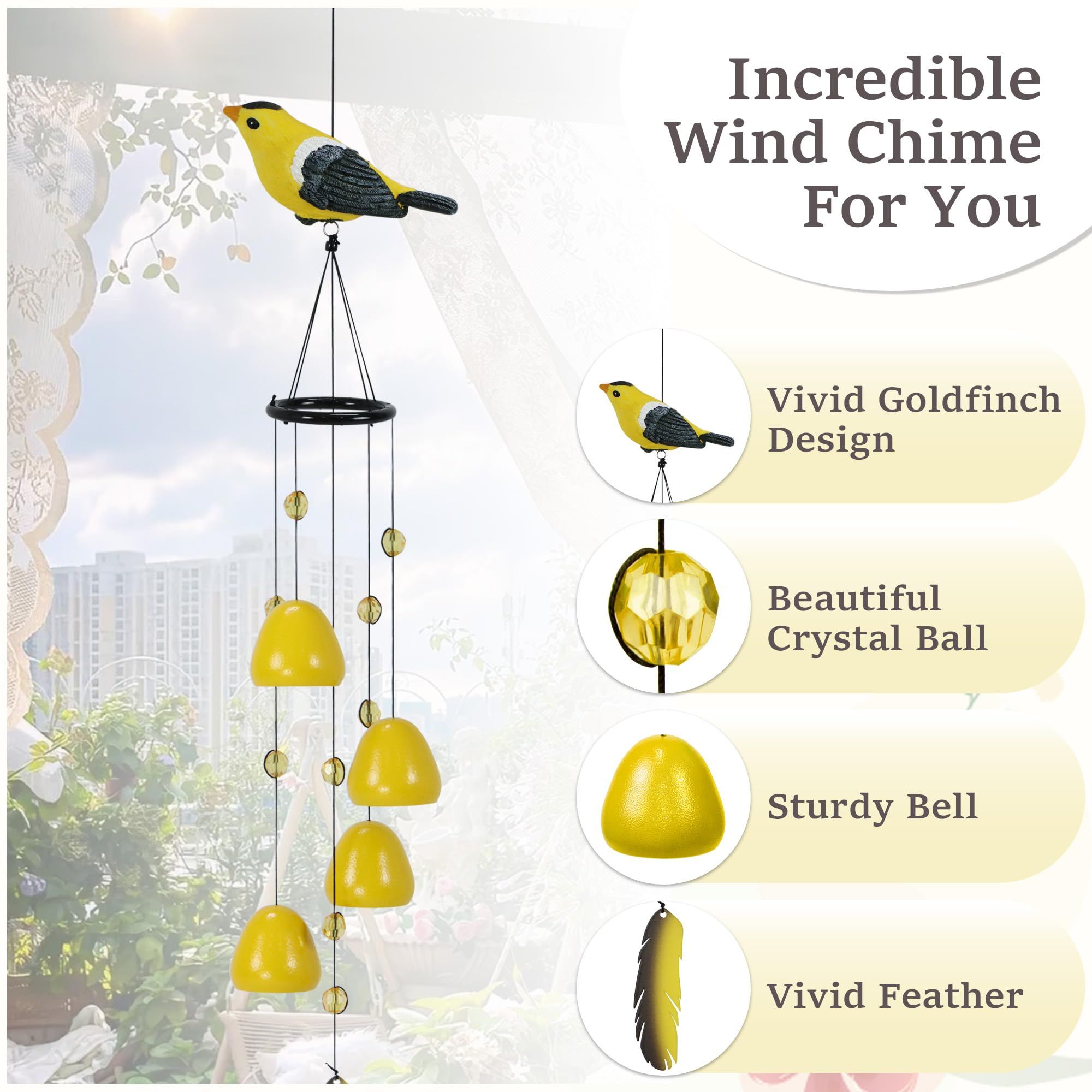Bird Wind Chimes for Outside，Goldfinch Bird Gifts，Yellow Bird Wind Chimes Outdoor Decorations,Garden Patio Backyard Hanging Decor — image 5