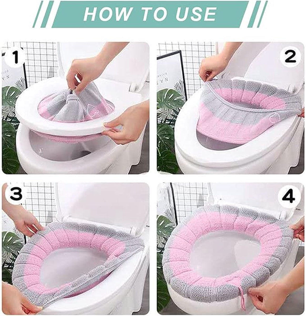 4 Pieces - Toilet Seat Cover - Universal Toilet Seat Cover - Polyester - Beige, Pink, Green, Blue - 35*35cm — image 2