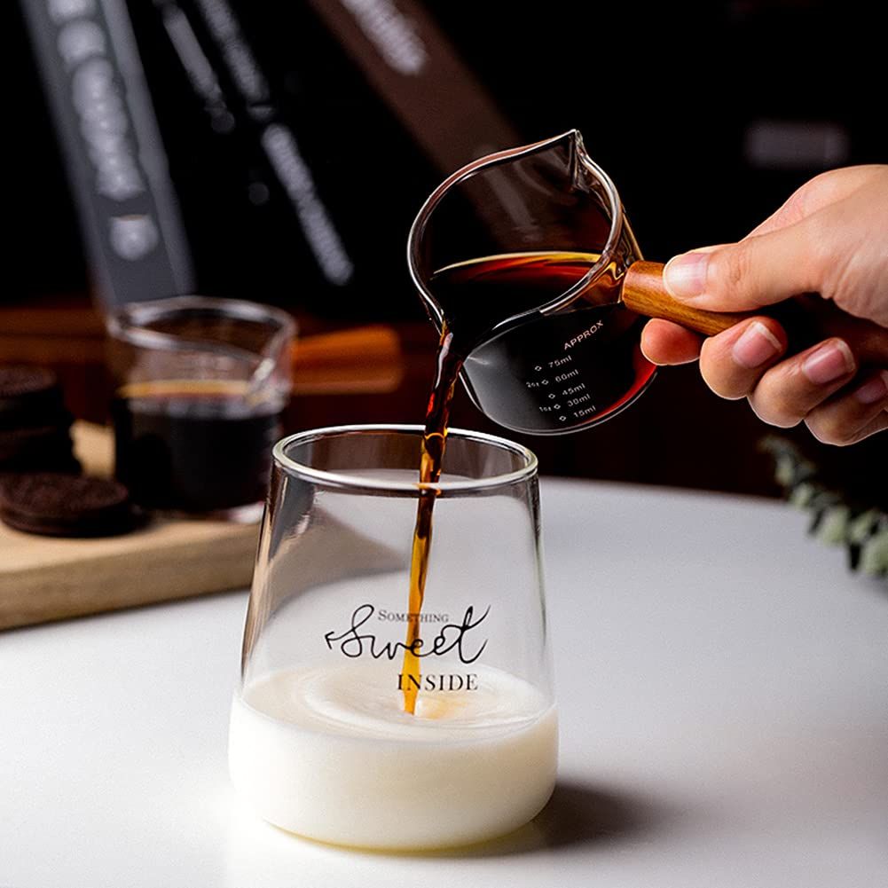 Wooden handle glass measuring cup, heat-resistant double mouthed milk coffee cup, transparent scale design — image 5