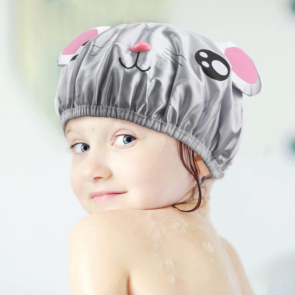 Shower cap - 2 pieces - pink mouse and gray mouse - cute shower cap with double layer - waterproof - Bath cap, children, long hair, shower cap — image 4