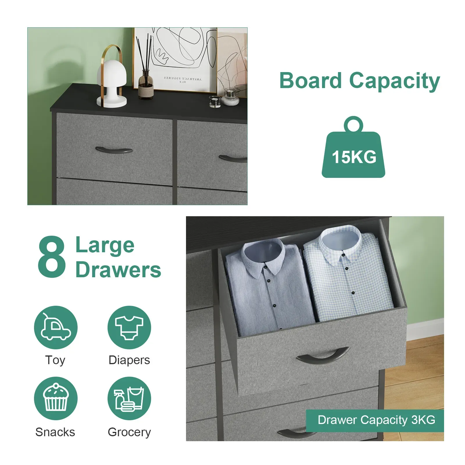 Grey Tallboy Chest of 8 Drawers Storage Cabinet for Bedroom and Living Room — image 4