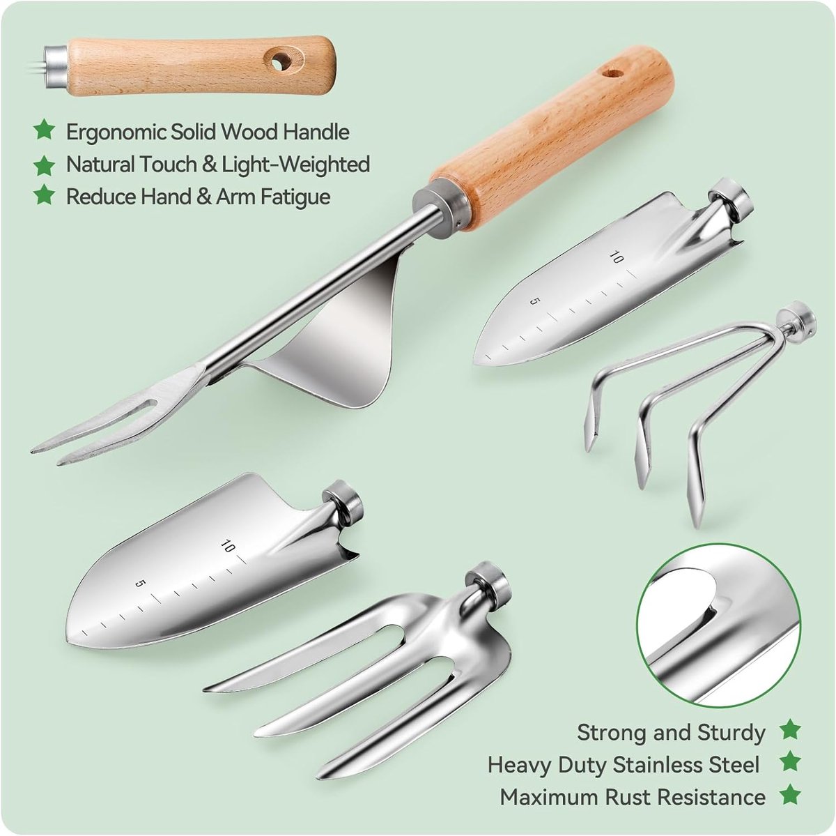 9-piece Garden Set – Stainless steel, wooden handles & watering can — image 2
