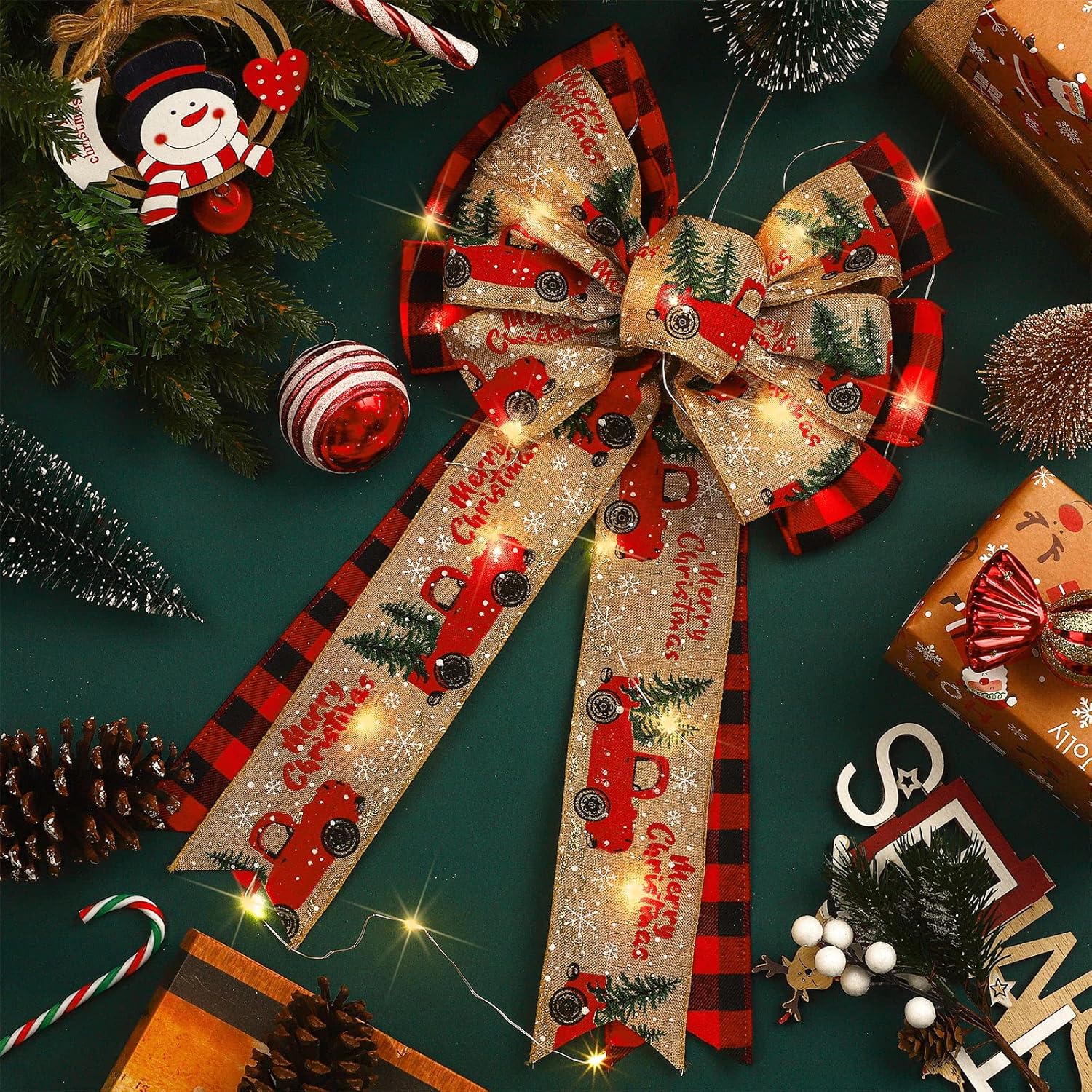 4 Pcs 10 x 18 Inch Christmas Buffalo Plaid LED Wreath Bow, Burlap Red Black Truck Pattern Lighted Bows, Xmas Tree Topper Ornaments Front Door Wall Stairs Decor — image 5
