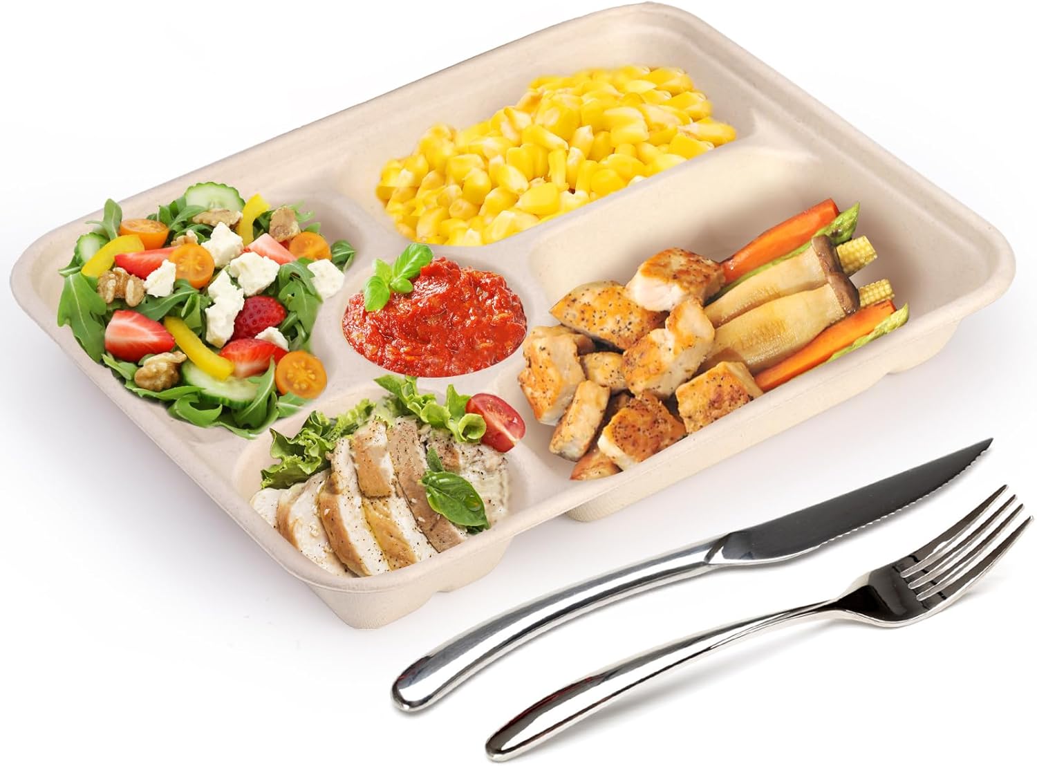 50 Pack 5 Compartment Disposable Paper Plates, 11" x 8" Compostable Bagasse School Lunch Tray, Heavy-Duty Sectional Sugarcane Plate, Divided Platter Tray for — image 3
