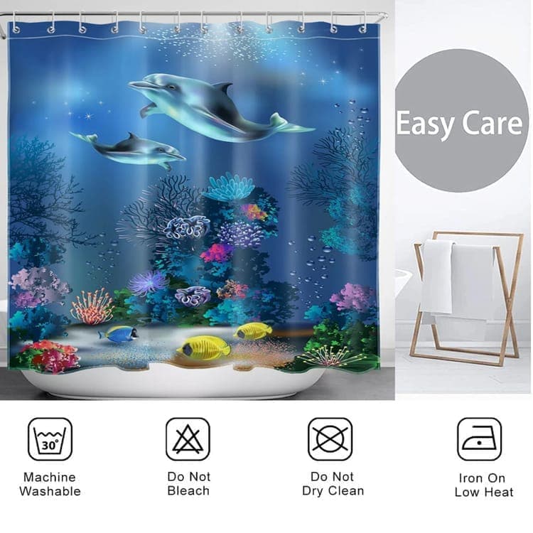 Waterproof Shower Curtain with Sea Turtle and Dolphin Motif, 180x180 cm, Dark Blue, Mildew Resistant — image 5