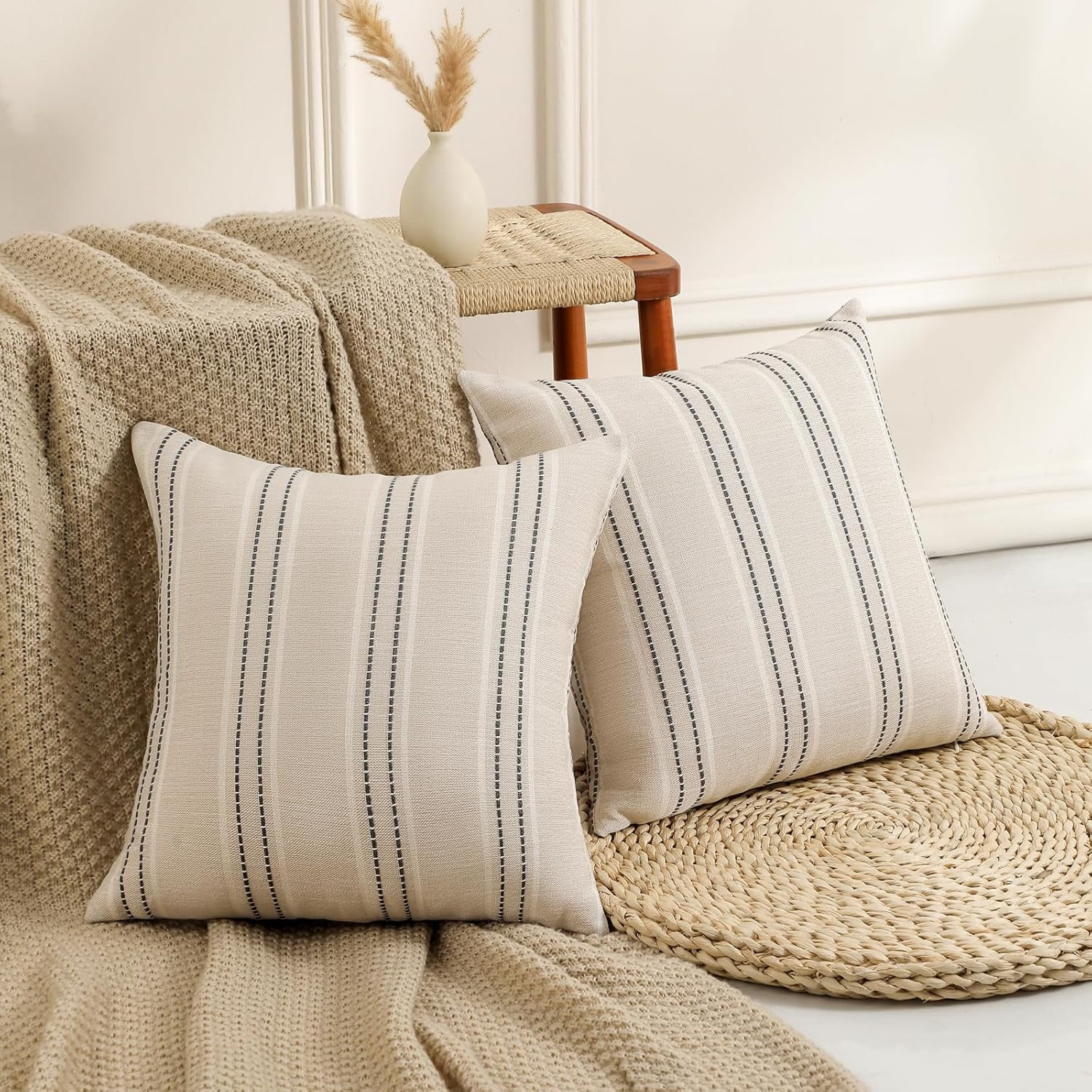 Throw Pillow Covers 20x20 Set of 2 Striped Pillow Covers Textured Linen Decorative Pillows Square Cushion Covers for Sofa Couch Bed Living Room Farmhouse — image 3