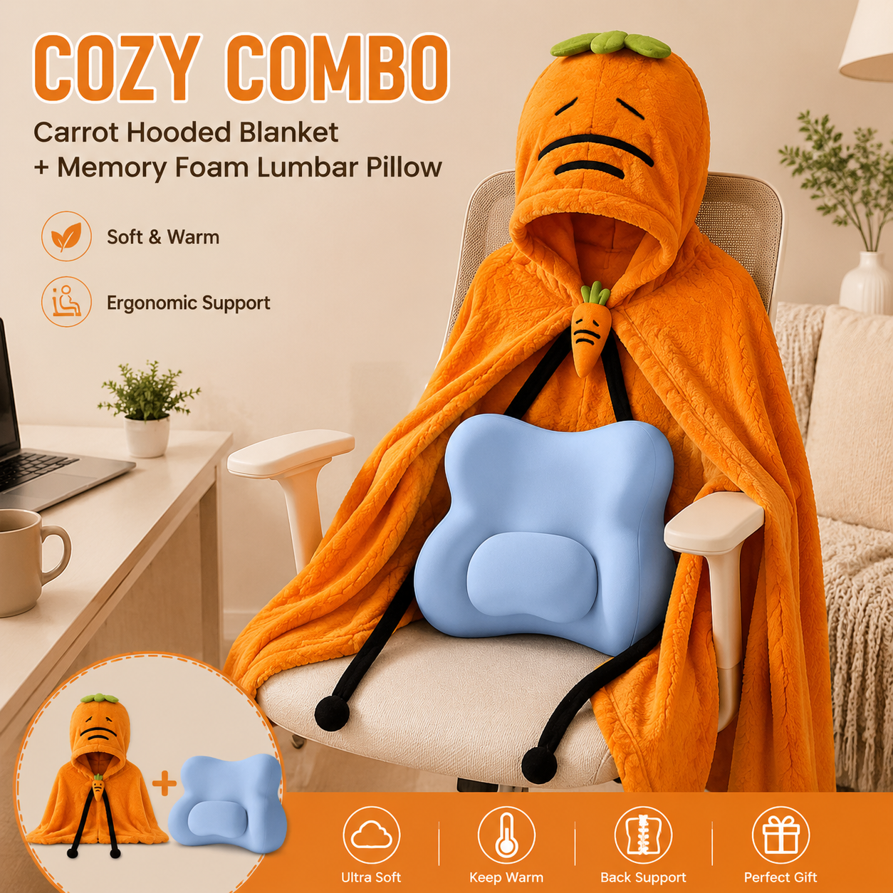 Carrot Hooded Blanket with Blue Memory Foam Lumbar Support Pillow, Cozy Wearable Throw Blanket and Ergonomic Back Cushion Set for Office, Home, Study and
