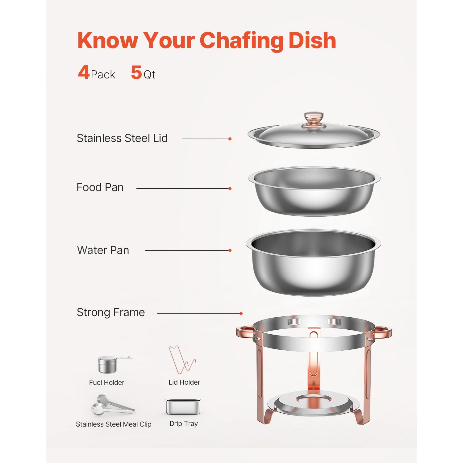 Chafing Dish Buffet Set, 5 Qt 4 Pack, Stainless Steel Chafer with 4 Full Size Pans, Round Catering Warmer Server with Lid Water Pan Folding Stand Clip, for β image 6