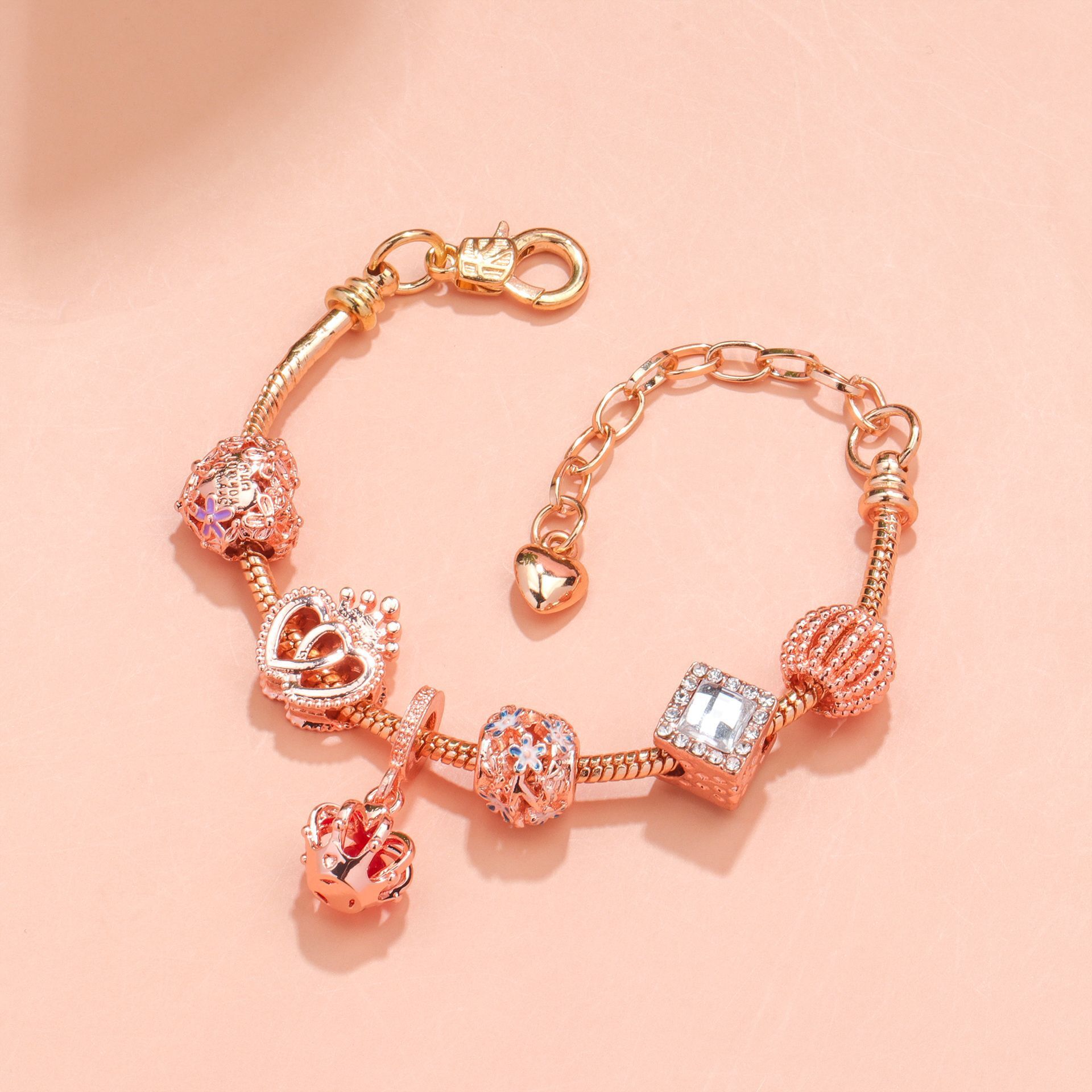 Hollow-out Rhinestone Heart Flower Charm Bracelet(rose gold, 19cm) โ image 3