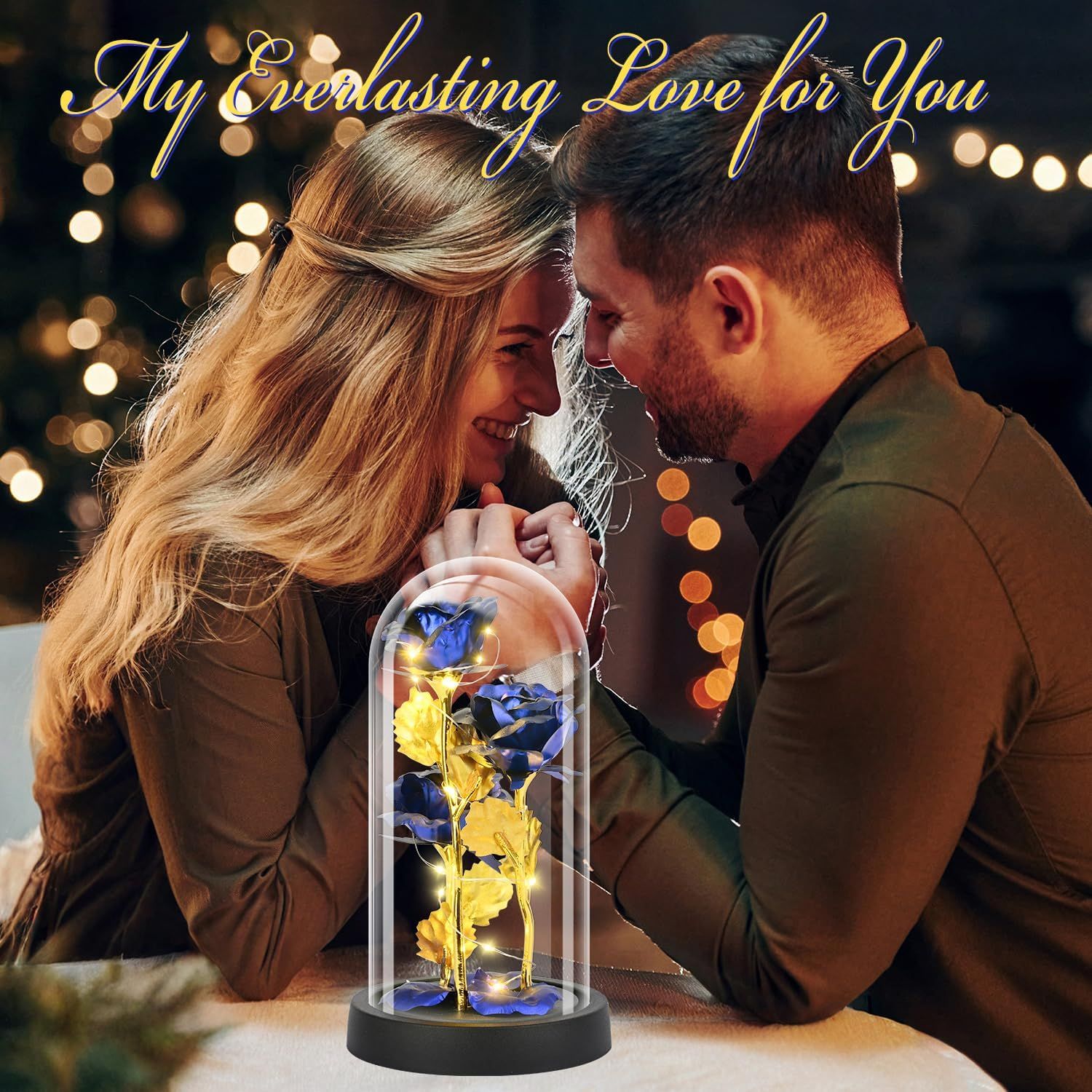 Eternal Blue Rose in Glass Dome with LED Lights, Romantic Forever Flower Gift for Valentine’s Day Anniversary Mother’s Day Birthday (Blue) — image 3