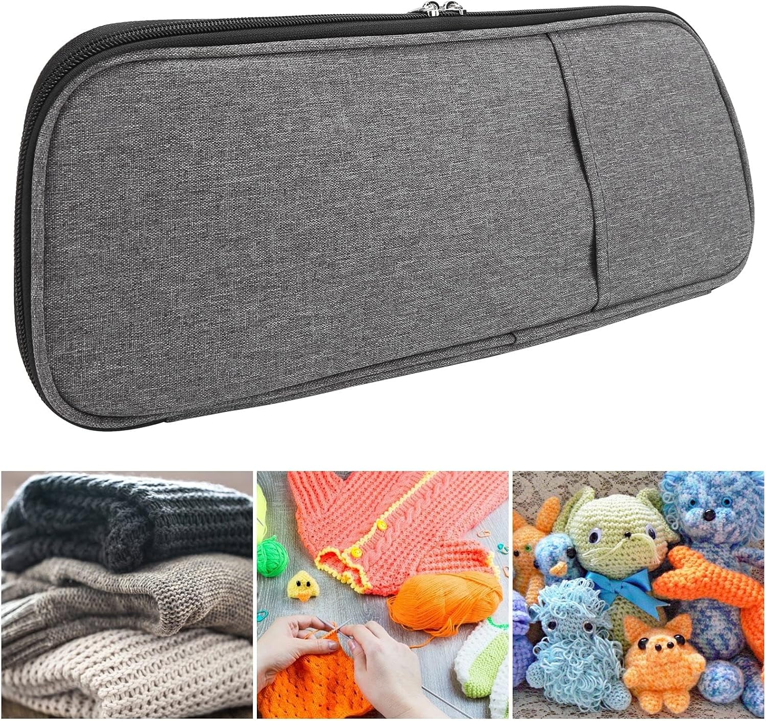 Knitting Needle Case, Travel Zipper Organizer Bag for Straight Needles Dual Crochet Case Supplies Accessories Grey — image 6
