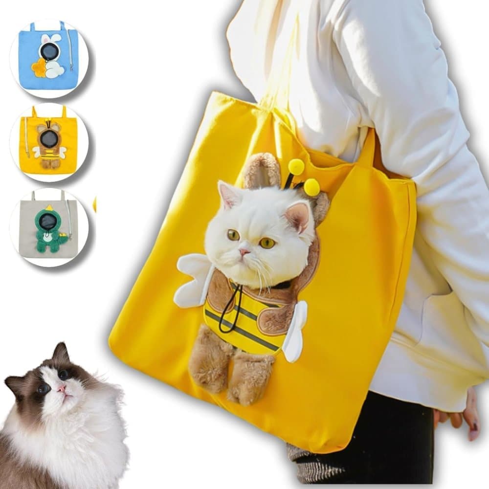 Pet Bag for Small Dogs and Cats, Portable Shoulder Bag with Hands-Free Side Opening, Cat Motif, Yellow, 37x37cm