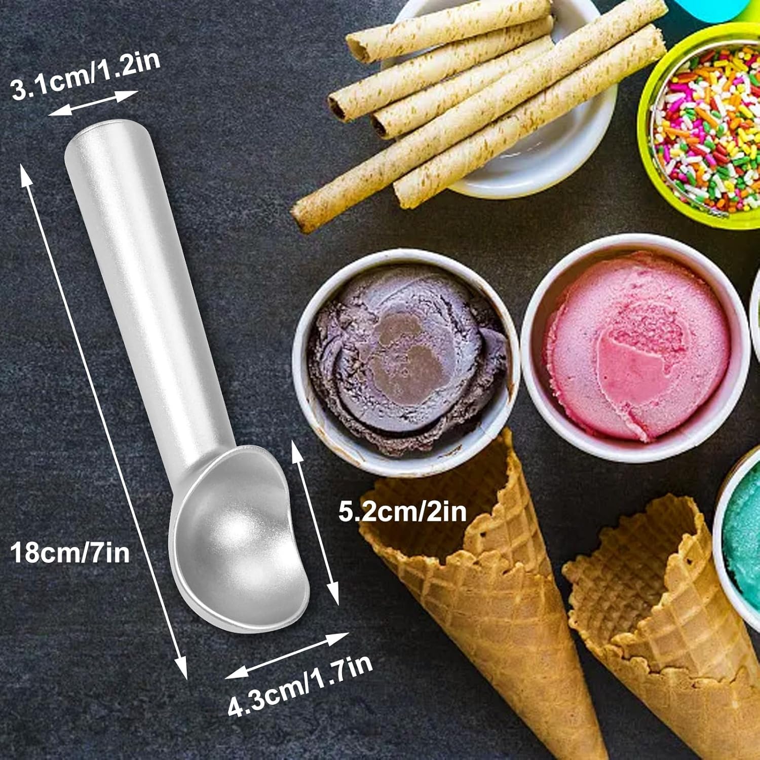 Ice Cream Scoop,7 inches Nonstick Anti-Freeze One Piece Aluminum Scooper Spoon, Heavy Duty Durable Design, Easy Clean, for Gelato, Cookie Dough, Sorbet, Almond — image 5