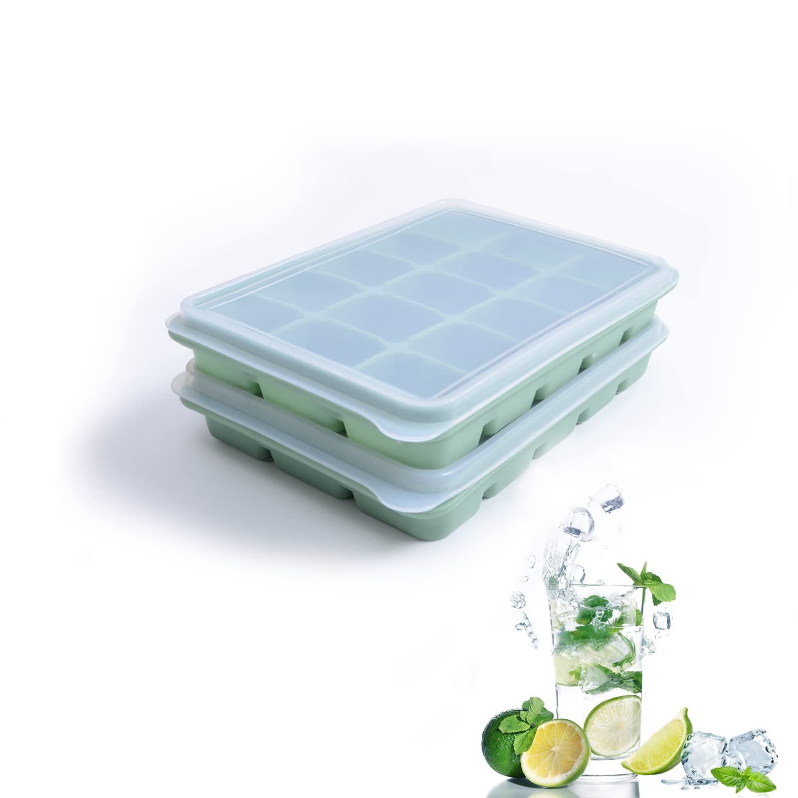 Ice Cube Trays Set of 2, Easy Release 15 Flexible Silicone Ice Cube Molds with Removable Lid Reusable Freezer Ice Trays Stackable