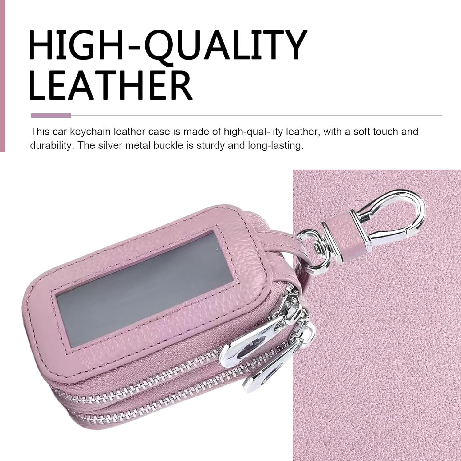 Car Key Fob Case, Double-layer Remote Key Storage Bag with Zipper Closure and Lanyard, for Men Women (Pink) — image 4