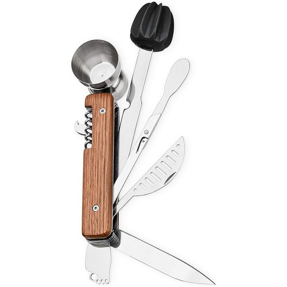 All in One Bartender Multitool Set, 10 in 1 Bar Tool with Strainer, Muddler, Reamer, Jigger, Stirrer, Corkscrew, Opener, Knife and Channel Knife for