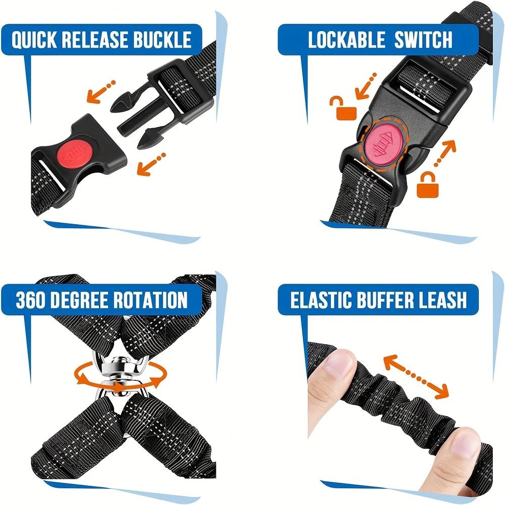 Dual-Head Pet Car Seat Belt with 360° Swivel Tangle-Free Leash for Two Dogs - Adjustable Safety Restraint for Car Travel and Outdoor Walking, Reflective Nylon — image 3