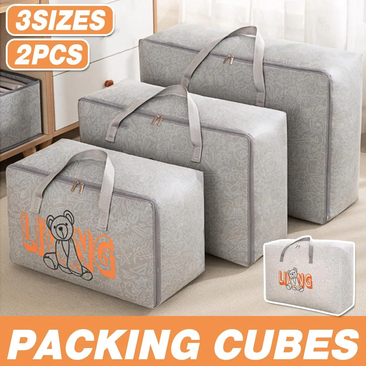 2pcs Cartoon Bear Luggage Organizer Storage Bags Blanket Quilt Closet Box Set - White-M — image 2