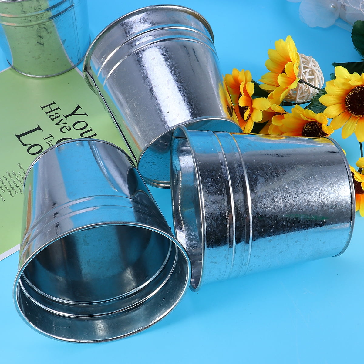 5Pcs Galvanized Metal Flower Pot Rustic Small Metal Buckets Vintage Farmhouse Flower Vase Candy Holder for Garden Landscape Decors 5pcs Silver β image 3