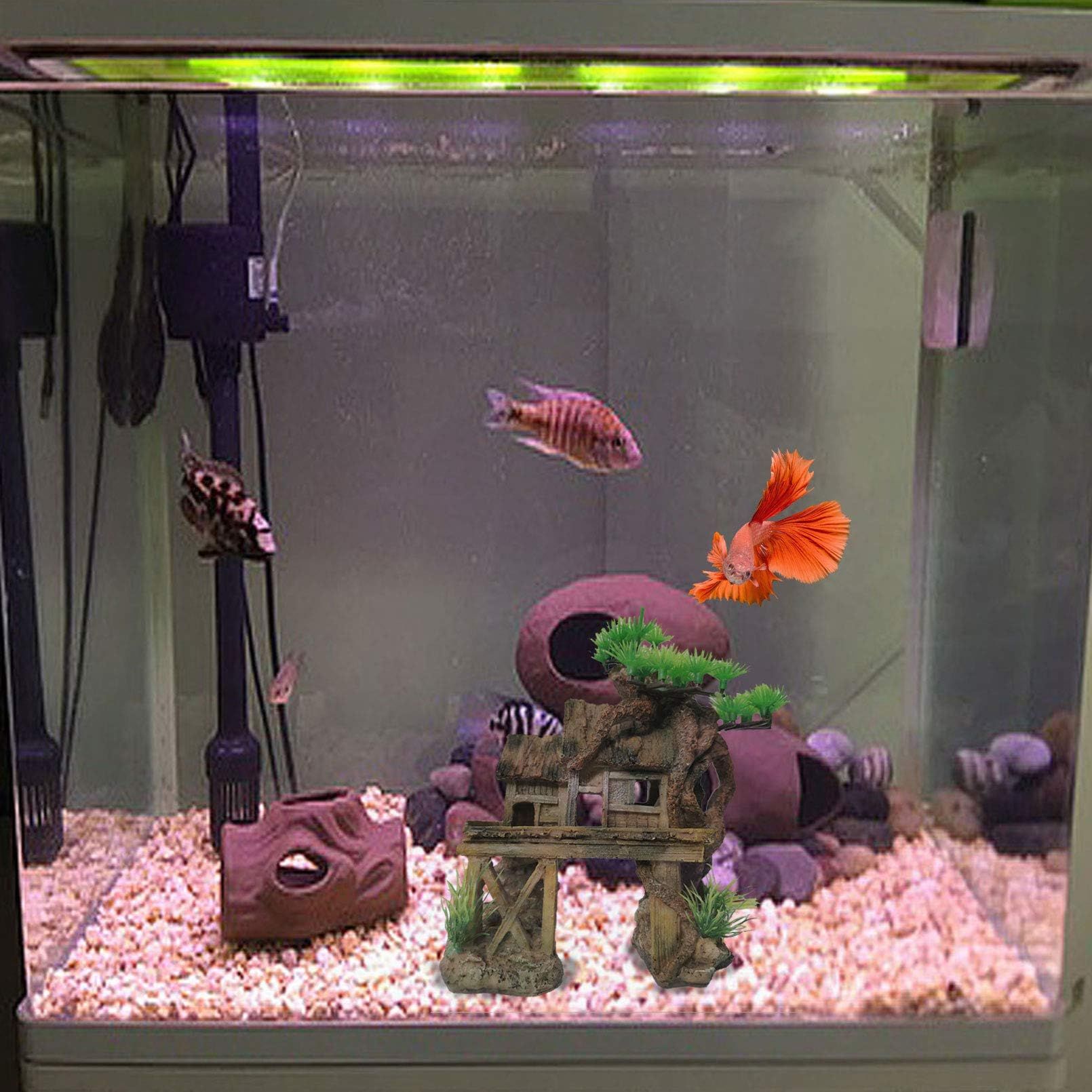 Aquarium Decorations Fish Tank Ornaments House on Terrace with Tree Root Resin Handicrafts for Betta Fish — image 4