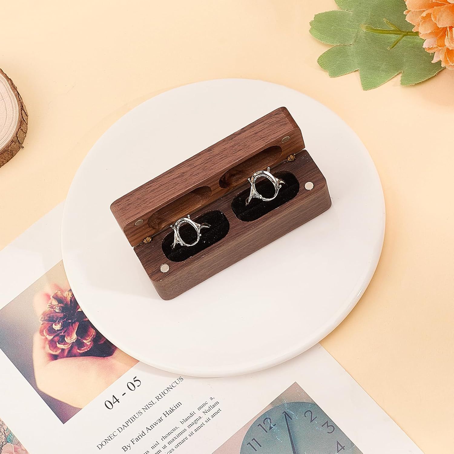 Double Ring Box - Slim Wooden Ring Case Box for Wedding Ceremony Engagement Proposal Ring Bearer Box - Anniversary Birthday Gift Ideas (Black) โ image 2