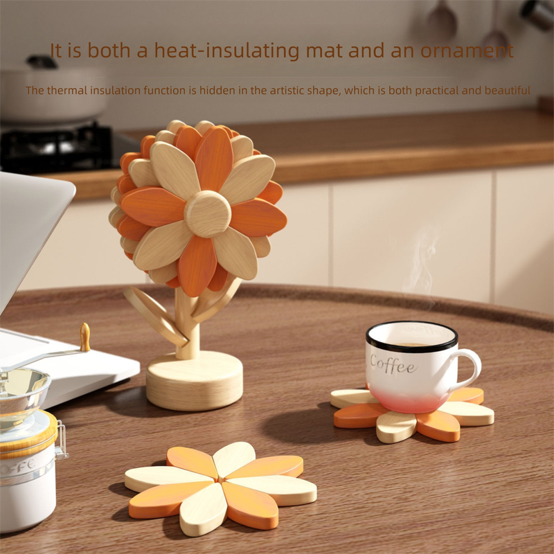 5-Piece Floral-Shaped Trivet Set with Stand – Wooden Heat Resistant Pad for Table, Dish, Pot or Cup(Warm orange and beech wood two-tone) — image 4