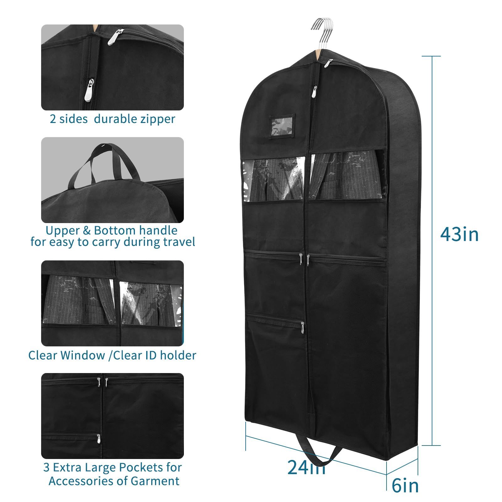 Garment Bags for Travel, 1Pack Heavy Duty 45" Hanging Garment Bags for Men, Double Sides Zipper & 3 Large Mesh Pockets — image 5