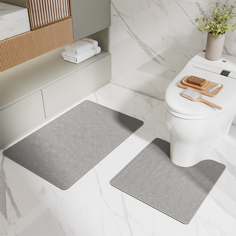 Gray Bathroom Floor Mat Set - U-Shaped Toilet Mat 50 × 50cm & Rectangular 50 × 80cm Mat for Bathroom