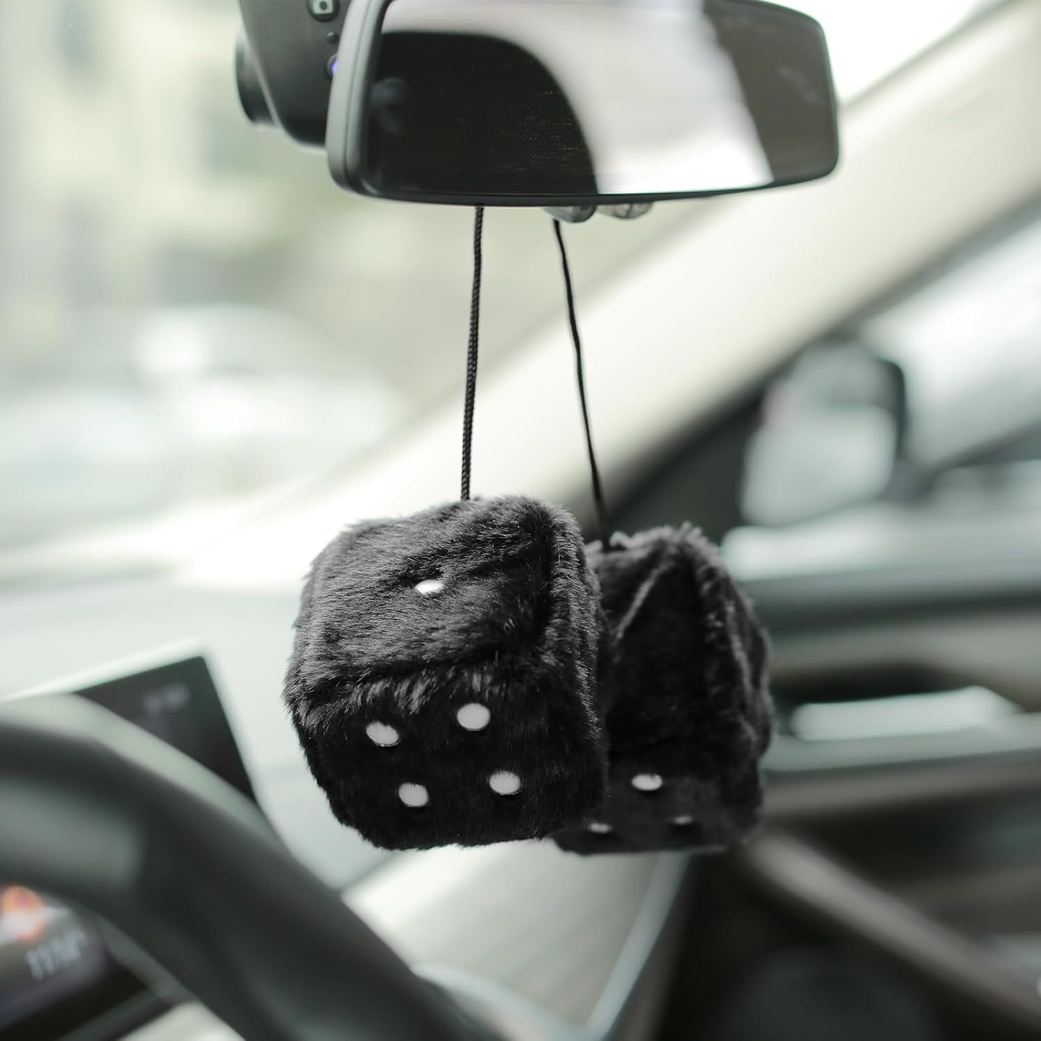 Replacement Pair of 2.75" Fuzzy Dice with Leather Dots Retro Car Rearview Mirror Hanging Accessories for Car Decoration (Black)_qcx, Made of Fabric โ image 5