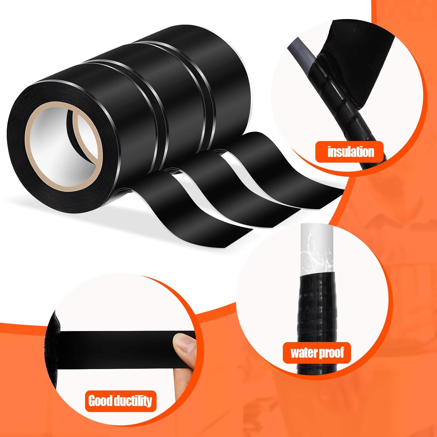 Amylove 6 Roll Waterproof Self Fusing Silicone Tape 1 Inch x 10 ft Black Leakproof Seal Hose Pipe Repair Tape for Water Emergency Pipeline Plumbing Repair — image 3