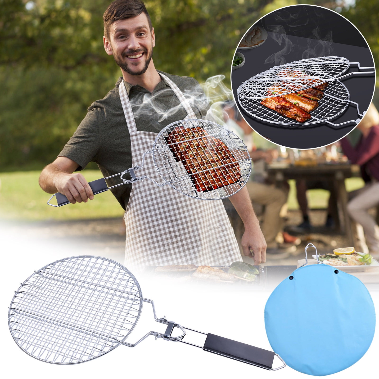 Extra Large Cooking Surface Grill Clip for Barbecue, Large Foldable Portable Long Handle Wooden Barbecue Camping Outdoor (21.7×11 inch) As Show B — image 2