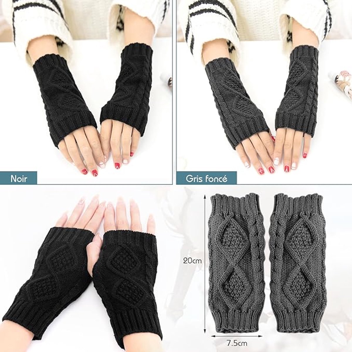 2 Wristbands - Fingerless Gloves - Knitted Women's - Wristbands - Long Knitted Wristbands - Winter Gloves - Warm - Unisex - Black + Dark Gray โ image 4