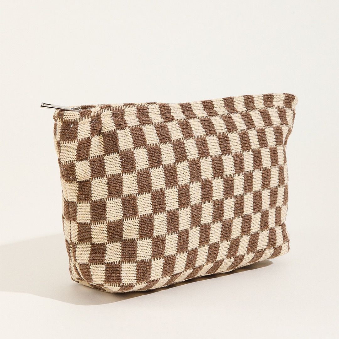 Cosmetic Bag Cute Makeup Bag Accessories Aesthetic Make Up Bag Y2k Purse Checkered Makeup Bag Cosmetic Bag for Women (Brown) — image 2