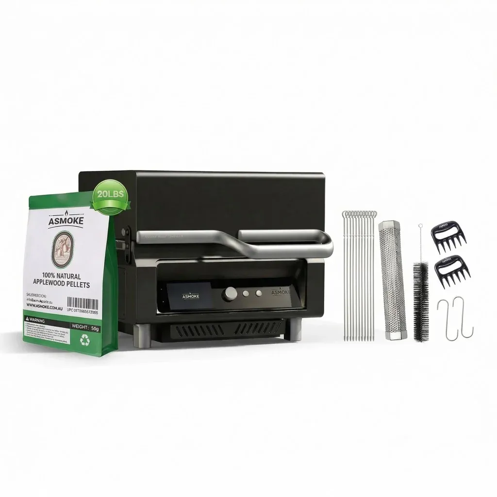 ASMOKE Essential Smart Portable Wood Pellet Grill & Pitmaster Accessory Bundle - Includes 10x Skewers, Heavy-Duty Meat Claws, Smoke Tube & 20lb Applewood