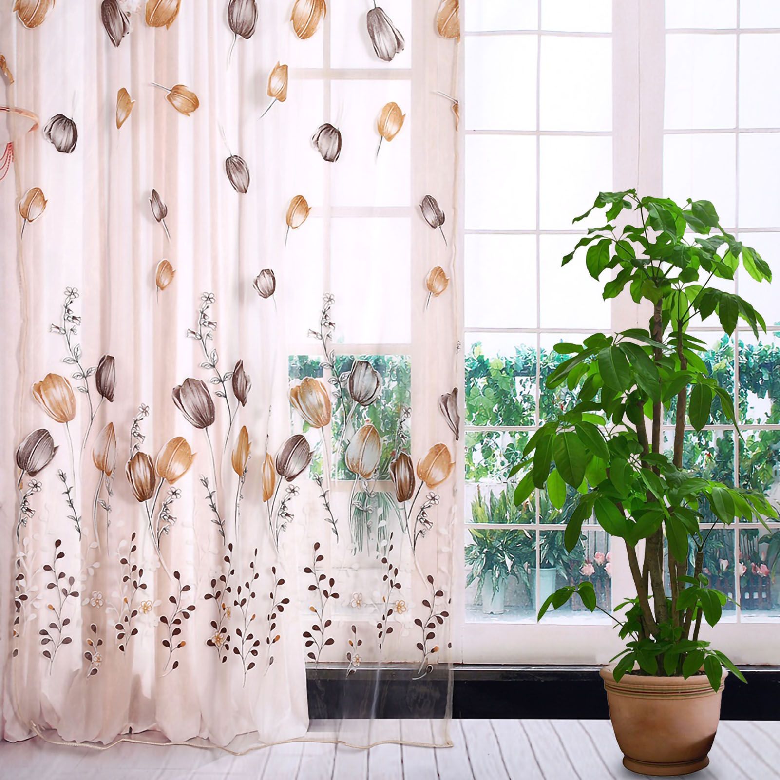 100*200cm Tulips Printing Tulle Curtains Sheer Drape Balcony Window Decoration Orange โ image 4